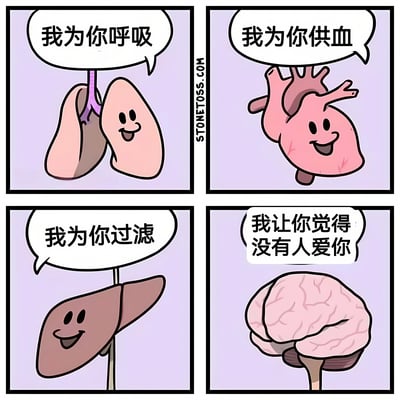 这是一张四格漫画，展示了拟人化的人体器官。左上是微笑的肺说“我为你呼吸”，右上是微笑的心脏说“我为你供血”，左下是微笑的肝脏说“我为你过滤”，右下是微笑的大脑说“我让你觉得没有人爱你”。通过前三个人体器官积极贡献与大脑消极感受的对比，形成幽默讽刺效果。