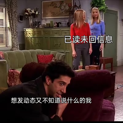 这张梗图截取了美剧《老友记》的室内场景，通过添加文字注释，生动刻画了当代人在网络社交中的纠结时刻：躲在沙发靠背后面、表情局促的罗斯对应“想发动态又不知道说什么的我”，精准表现出想分享状态却无从下笔、犹豫纠结的心情；背景中站着的瑞秋和菲比对应“已读未回信息”，暗指用户心中惦记着那些已读未回的消息，将社交中的矛盾与尴尬具象化，戳中了很多人在网络社交中的共鸣点。