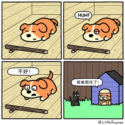 这是一幅四格连环漫画，第一格中橘色小狗慵懒地趴在室内地板上，面前摆放着一根木棍；第二格小狗睁开一只眼，露出疑惑的表情，发出“HUH?”的疑问；第三格小狗突然瞪大双眼，惊慌地起身，喊出“不好！”；第四格场景切换到室外，橘色小狗被困在蓝色狗屋中，焦虑地喊着“我被困住了！”，旁边的黑猫则幸灾乐祸地蹲在一旁看热闹。漫画通过小狗的乌龙反应制造笑点，小狗误将地上的木棍和自己被困在狗屋的状态关联，营造出滑稽的喜剧效果。