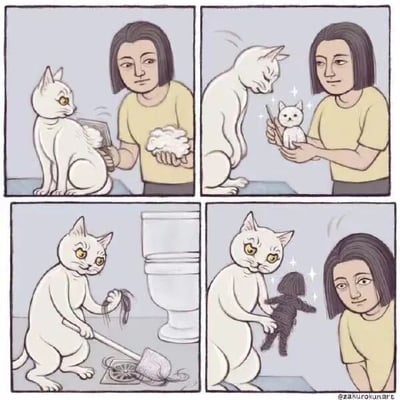 四格连环漫画描绘了猫咪与主人的趣味日常：第一格主人给白猫梳毛收集了一团毛；第二格主人用毛变出闪光小猫玩偶，白猫好奇观看；第三格白猫在卫生间用皮搋子处理毛发，表情认真；第四格白猫用毛变出闪光主人玩偶，主人平静注视。整体风格可爱，充满生活趣味。
