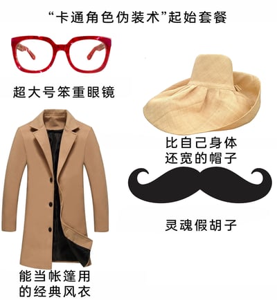 这是一张趣味向的梗图，以“‘卡通角色伪装术’起始套餐”为主题，展示了四件模仿卡通动画里的夸张伪装道具：超大号的红框笨重眼镜、尺寸比身体还宽的浅米色宽檐帽、版型宽大到能当帐篷的卡其色长款风衣、造型卷曲的黑色假胡子，每件道具都配有搞笑的文字说明，调侃卡通里那种完全起不到伪装效果、反而格外显眼的滑稽伪装方式，充满趣味性。
