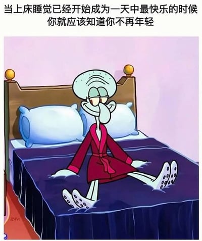 场景描绘了动画角色章鱼哥坐在床上的愉快神情，配以“当上床睡觉已经开始成为一天中最快乐的时候你就应该知道你不再年轻”的文字，吐槽现代人随着年龄增长，越来越容易满足于简单的生活乐趣，比如睡觉。画面轻松好笑，带有一点自嘲和丧文化色彩，适合用来自嘲或调侃日常生活的疲惫。

本图有明显的“年龄梗”和“生活现状自嘲”。