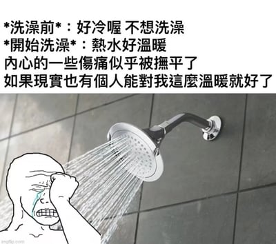 这张梗图以上下结构呈现了人们洗澡前后的内心变化。上方文字描述了洗澡前的抗拒心理："好冷喔 不想洗澡"，以及开始洗澡后的温暖感受："热水好温暖 内心的一些伤痛似乎被抚平了 如果现实也有个人能对我这么温暖就好了"。下方是经典的Wojak卡通人物形象，他站在淋浴下，一手扶额，脸上流下混合着水和泪水的液体，表情悲伤又释然，生动展现了热水淋浴带来的情感慰藉。