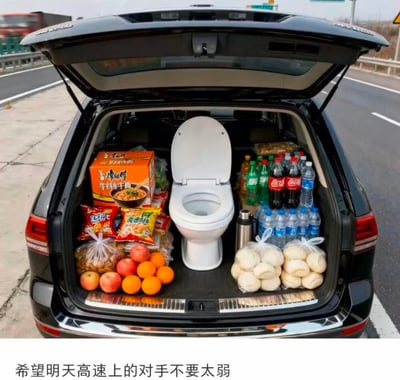 黑色SUV的后备箱在高速公路旁敞开，内部中央放置着一个白色马桶，周围整齐摆放着各类物资：左侧有康师傅牛肉面、薯片、饼干等零食，前方是苹果和橙子等水果，右侧则是可口可乐、雪碧、矿泉水等饮料，以及几袋馒头。图片底部配有文字“希望明天高速上的对手不要太弱”，幽默调侃了为应对高速公路可能出现的长时间拥堵而进行的夸张物资准备，包括连马桶都带上以解决生理需求，展现了一种搞笑的出行场景。