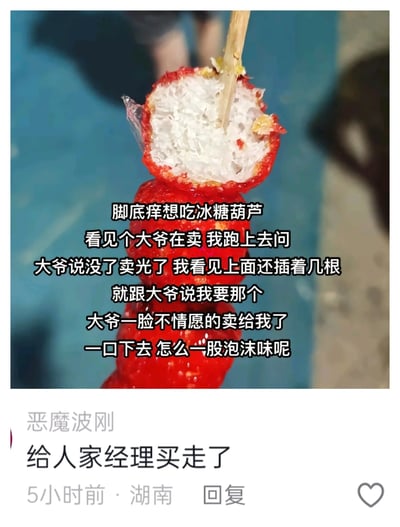 这是一则图文结合的网络搞笑内容，图片主体是一根被咬开的冰糖葫芦，外层是红色的冰糖壳，内部却是白色泡沫材质，并非真实山楂。配文讲述了作者突发奇想想吃冰糖葫芦，遇到卖糖葫芦的大爷，大爷称已经卖光，但作者看到摊位上还插着几根，坚持要买，大爷不情愿卖给作者后，作者咬开才发现这是泡沫做的样品，充满反差感的情节制造了笑点。下方的评论“给人家经理买走了”是玩职场梗，调侃这个泡沫样品原本是要留给经理的，进一步延伸了内容的趣味性，整体风格轻松诙谐，是典型的日常搞笑类网络创作。