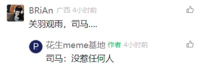 这是一张横版的社交媒体评论区截图，属于图文混排的内容。用户BRIAn发布评论，以“关羽观雨，司马....”的内容玩梗，其中“关羽观雨”疑似谐音相关表述，后半句的“司马”指向三国历史人物司马懿，暗示将其关联进梗中；内容作者“花生meme基地”随即回复，以“司马：没惹任何人”的无厘头回应，制造出司马懿莫名躺枪的搞笑效果，通过三国历史人物的关联玩梗，打造出轻松幽默的互动氛围，体现了网络meme内容常用的谐音与躺枪梗结合的创作方式。