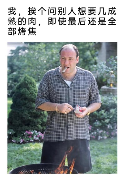 这是一张图文混排的搞笑梗图，上方配文“我，挨个问别人想要几成熟的肉，即使最后还是全部烤焦”，下方是美剧《黑道家族》里的主角托尼·瑟普拉诺的剧照：他站在户外的烤架前，嘴里叼着雪茄，手上拿着小物品，神态放松。配文用幽默的方式吐槽了“走形式、做无用功”的行为——明明最后都会把肉烤焦，却还是要挨个询问别人的需求，用这种反差感制造搞笑效果，调侃那些看似尊重他人意见但结果完全不受意见影响的无用行为。
