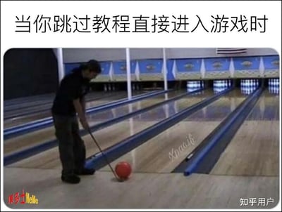 ## 场景描述
图片展示了一位男子在保龄球馆，正用高尔夫球杆的姿势拿着保龄球，似乎打算像高尔夫球一样击打保龄球。这种明显错误的动作和姿势，契合配文“当你跳过教程直接进入游戏时”，幽默表达了对新手无知、毫无经验导致离谱操作的调侃。

- 图的笑点在于“跨界错误”，保龄球被当作高尔夫来打，夸张地表现了新手不看教程、直接硬着头皮上场的窘态。
- 画面有强烈的错位感，形成幽默反差。
- 暗含“双关”，既指现实生活的新手失误，也映射网络或电子游戏玩家常见的“跳教程”行为。
