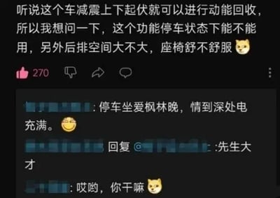 这是一张社交平台的评论区截图，上方提问的网友表示听说车辆减震上下起伏可以实现动能回收，询问该功能在停车状态下是否可用，同时还询问车辆的后排空间大小、座椅是否舒适，末尾附带狗头表情。下方有其他网友针对该提问玩成人梗，改编古诗名句“停车坐爱枫林晚”，回复为“停车坐爱枫林晚，情到深处电充满”并搭配斜眼笑表情，隐晦调侃停车时在车内进行亲密行为可以为车辆充电。另有网友夸赞该回复者有才，还有网友撒娇式回复“哎哟，你干嘛”搭配狗头表情，整体是围绕新能源车动能回收功能衍生的搞笑玩梗内容。
