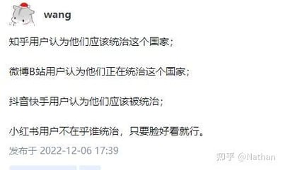 这是一张来自知乎平台的社交媒体截图，用户「wang」发布了一段戏谑风格的段子，对不同内容平台的用户群体进行了标签化的刻板印象调侃：
- 知乎用户认为他们应该统治这个国家；
- 微博B站用户认为他们正在统治这个国家；
- 抖音快手用户认为他们应该被统治；
- 小红书用户不在乎谁统治，只要脸好看就行。
这段内容以幽默的方式放大了网络上对各平台用户的常见调侃风向，风格轻松搞笑。