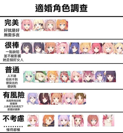 这是一张由《公主连结！Re:Dive》玩家制作的趣味适婚角色分级图，将游戏中的女角色（含一个羊驼形象角色）分为五个等级：1. 完美级：共4位角色，评价为“好就是好无需多言”，代表设定近乎完美的理想适婚对象；2. 很棒级：共9位角色，评价为“一点缺陷并不能影响她是个好女人”，指角色虽有小瑕疵但整体优质；3. 普通级：共8位角色，评价为“人不错但找不到很突出的优缺点”，这类角色特质不鲜明；4. 有风险级：共5位角色，评价为“高风险高回报，能确保人身安全的情况下是个好选择”，暗示角色设定带有一定危险性，需规避风险后选择；5. 不考虑级：共6个对象（5位角色+1只羊驼角色），评价为“懂得都懂”，这类角色因特殊设定或性格被玩家排除在适婚选择外。整张图以图文混排的形式呈现，用卡通角色头像搭配分级文字，充满二次元趣味调侃的风格。