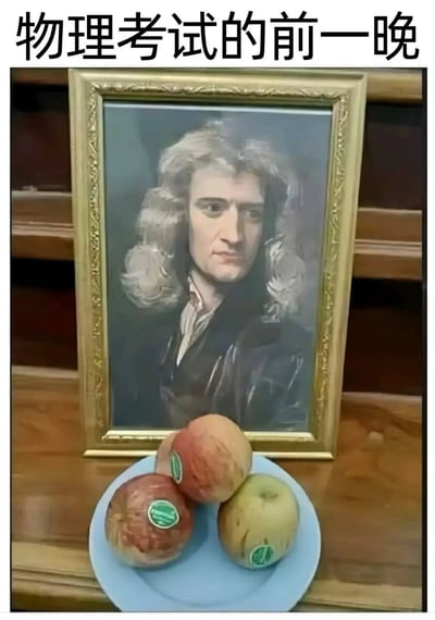 图片展示了一幅金色边框的肖像画，画中人物为物理学家艾萨克·牛顿，肖像前的蓝色盘子上放着三个贴有标签的苹果。图片顶部配有文字“物理考试的前一晚”，通过将牛顿（因苹果落地发现万有引力的传说）与苹果并置，幽默地表现了学生在物理考试前“祭拜”牛顿祈求好运的场景，充满调侃和无奈的搞笑氛围。