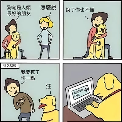 四格漫画展现趣味反转剧情：第一格中男人抱着金毛犬说“狗勾是人类最好的朋友”，旁边女人叉腰疑惑提问“怎么说”；第二格男人继续拥抱狗，笑着回答“说了也不懂”；第三格“很久以后”，男人捂胸口痛苦倒地喊“我要死了 快一点”，狗在旁吠叫“汪”；第四格反转，狗正用爪子操作笔记本电脑，屏幕显示“清除搜寻纪录”。通过宠物“关键时刻”的行为制造幽默效果，讽刺主人可能有不想让人知道的搜索记录。