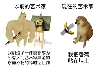 图片分为左右两部分对比展示。左侧“以前的艺术家”是一只肌肉发达的柴犬，手持画笔站在画板旁，画板上是模仿《蒙娜丽莎》构图的柴犬肖像，下方配文“我创造了一件能够成为所有入门艺术家典范的永垂不朽的跨时空巨作”；右侧“现在的艺术家”是一只普通柴犬，旁边是用胶带贴在墙上的香蕉，下方配文“我把香蕉贴在墙上”。通过夸张对比幽默调侃传统艺术创作与现代概念艺术的差异。