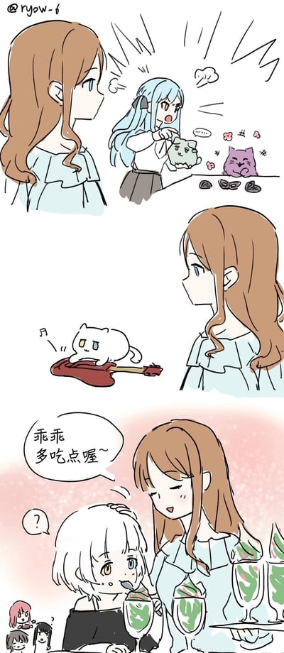 这是一组三格萌系连环漫画，描绘了少女们与猫咪的温馨日常互动。第一格中，棕发少女侧身望向蓝发少女，蓝发少女正兴奋地举起一只毛茸茸的小动物，旁边紫色猫咪露出满足表情，周围飞溅的线条和爱心符号凸显活泼氛围；第二格切换场景，棕发少女低头注视着一只趴在红色吉他上弹奏的白猫，猫咪神情专注，音符飘出画面，充满童趣；第三格背景变为粉嫩色调，棕发少女温柔地对白发少女说“乖乖多吃点喔~”，白发少女眼神略带疑惑，画面角落还有迷你小人围观，整体风格治愈可爱，洋溢着轻松愉快的少女情谊。