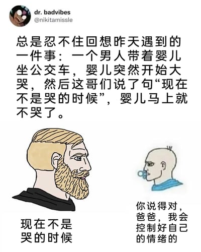 这是一张图文结合的搞笑梗图，上方文字讲述博主回忆的一件荒诞趣事：公交上一位父亲对大哭的婴儿说出“现在不是哭的时候”，婴儿立刻停止哭泣；下方搭配手绘卡通图，将婴儿绘制为长着成年人严肃脸庞、叼着奶嘴的形象，父亲则是留着胡须的严肃男性，二者的对话将文字里的荒诞感具象化。通过这种反差设定，制造出婴儿能听懂人话并“懂事”压抑情绪的笑点，实则讽刺了当代人被迫压抑自身情绪、强迫自己“懂事”的生存状态，用荒诞幽默的方式戳中大众的情绪共鸣点。