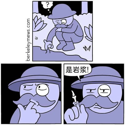 这是一组三格连环卡通漫画，整体为偏冷的蓝紫色调。第一格中，戴着圆顶硬礼帽、留着大胡子的人物蹲在户外地面旁，对着地面上一个小小的凸起露出疑惑的神情，头上的问号体现出他的不解；第二格是该人物的特写，他将地面的凸起物抠了下来，放在鼻子下方，表情严肃专注，似乎在辨别这个物体的属性；第三格中，他举着这个顶端带有白色部分、形似小动物（如小恐龙）脚爪的物体，表情变得无奈又无语，同时说出“是岩浆！”的台词，以地质研究者的思路做出完全偏离实际的判断，通过这种强烈的反差制造出荒诞的冷幽默效果。