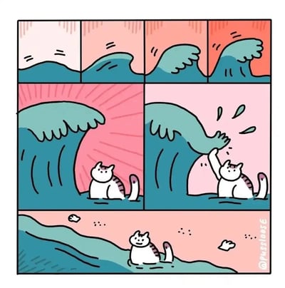 这是一组充满趣味的连环卡通漫画，共分为三排呈现故事：前四格画面展示海浪从平缓状态逐渐变得汹涌巨大，带着强烈的压迫感朝着身处海水中的猫咪袭来；第五格中，巨大的浪头悬在猫咪上方，猫咪却淡定地待在水中；第六格里，猫咪抬手与落下的浪头完成了击掌动作，溅起阵阵水花；最后一格画面中，完成击掌后的海浪变得平缓温顺，海面恢复平静，猫咪则一脸满足地待在水中，整个场景充满反差萌，用轻松幽默的方式传递出乐观面对压力、化“危机”为趣味的治愈感。