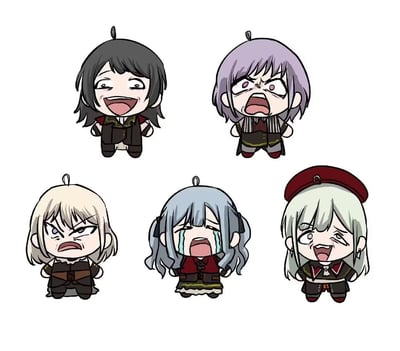 这是一组针对二次元音乐企划《BanG Dream! It's MyGO!!!!!》角色的二次创作Q版挂件插画，共包含五个角色：高松灯、千早爱音、要乐奈、长崎爽世、椎名立希。每个角色都被赋予了夸张到崩坏的魔性表情：高松灯咧嘴露齿癫狂大笑，千早爱音皱脸嘶吼暴怒不已，要乐奈皱眉瞪眼满脸愤怒，长崎爽世泪流不止崩溃大哭，椎名立希五官扭曲痛苦痛哭，画风滑稽搞怪，将角色情绪进行了极致夸张，非常适合用作表情包来表达强烈的情绪。