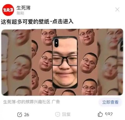 这是一张网络广告截图，主打“你最爱的壁纸-点击进入”等吸引眼球的描述，主体图片被大面积打码或模糊，带有调侃或讽刺网络低俗广告的意味。底部显示“生死簿·你的痴葬兴趣社区广告”，有点赞和评论量，右下有“立即查看”按钮。这类打码梗图流行于网络，用于表达对擦边广告、虚假广告的不满和戏谑。整体氛围幽默，暗含网络广告乱象。