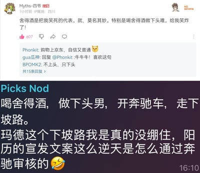 这张图分为上下两部分：上半部分是哔哩哔哩（B站）用户「Myths-四爷」的评论截图，用户吐槽舍得酒“莫名其妙”，玩梗“喝舍得酒做下头难”，评论区网友接力玩梗，比如“不上头，只下头”“购物上京东，自信又普通”；下半部分是网友创作的押韵吐槽文案：「喝舍得酒，做下头男，开奔驰车，走下坡路」，还调侃该文案“逆天”，质疑奔驰的宣发审核。
其中「下头」是网络热词，指让人扫兴、反感，这里结合舍得酒的宣传，玩反向梗，将品牌合作的宣传内容调侃成负面的押韵句，制造搞笑效果。