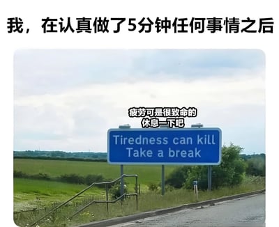 这张梗图上方有文字“我，在认真做了5分钟任何事情之后”，下方是一张道路指示牌的照片。指示牌为蓝色底白色字，内容为“Tiredness can kill Take a break”，在指示牌上方有叠加的中文文字“疲劳可是很致命的 休息一下吧”。图片通过将道路安全警示标语幽默地应用于日常场景，表达了现代人注意力持续时间短、容易感到疲劳的状态，带有自嘲和幽默的意味。
