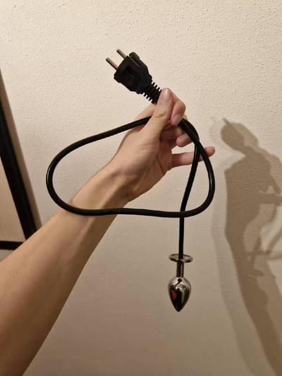 一只手握着一根经过恶搞拼接的黑色电源线，原本连接设备的一端被替换成了金属肛塞，形成了视觉上极具荒诞感的整蛊物品，通过图像合成制造出离谱的恶趣味效果，让人产生错愕又搞笑的观感。