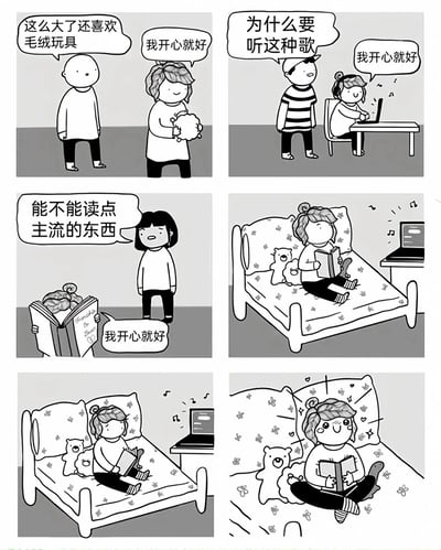 这是一组六格黑白卡通连环漫画，前三格依次呈现卷发女孩被不同的人质疑个人喜好：有人对她喜欢毛绒玩具表示不解，有人质疑她听的音乐类型，还有人要求她读主流的读物，女孩面对这些质疑，每次都以一句“我开心就好”平和回应；后三格描绘女孩回到自己的房间，坐在铺有花纹床单的床上，身边摆放着毛绒玩具，一边听着笔记本电脑播放的音乐，一边阅读自己喜爱的书籍，最后完全沉浸在属于自己的舒适小世界中，脸上露出带着红晕、满是幸福满足的神情，传递出不必迎合他人眼光，坚持自我喜好、悦纳自我的治愈系生活态度。