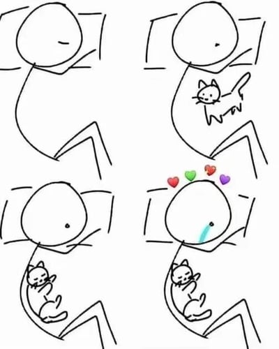 这是一张四格简笔连环图，描绘了一个简笔人睡觉时与猫咪互动的温馨过程。第一格：简笔人独自躺在床上，表情平静；第二格：猫咪跳到简笔人胸口，简笔人眼睛变成小点，略显惊喜；第三格：猫咪蜷缩在简笔人肚子上，简笔人表情满足；第四格：简笔人头顶出现红、绿、粉、紫四颗爱心，嘴角流下蓝色口水，幸福感爆棚。整幅图通过简单线条和可爱元素，展现了与宠物同眠的治愈与快乐。