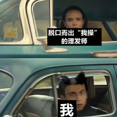 图片由上下两张影视截图拼接而成，上方图中一位女性从车窗向外看，配文'脱口而出"我操"的理发师'；下方图中一位男性顶着极其糟糕的尖刺发型从车窗向外看，配文'我'。通过对比展现了理发失败后的幽默场景，理发师的惊讶反应与顾客的呆滞表情形成鲜明反差，充满喜剧效果。