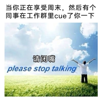 这是一张贴合职场打工人日常的网络梗图，上方配有场景描述文字“当你正在享受周末，然后有个同事在工作群里cue了你一下”，主体画面是一片充满治愈感的户外风景：广阔的绿色草地与蓝天白云相接，一名身穿白色上衣、黑色裤子的人背对镜头站在草地上，双臂向身体两侧张开，仿佛正沉浸在周末的放松氛围中。图中叠加了“请闭嘴”和英文“please stop talking”的文字，用治愈的画面与烦躁的吐槽文案形成强烈反差，精准传递出打工人在周末休闲时被工作相关消息打扰的抗拒与不满情绪，极易引发职场群体的共鸣。