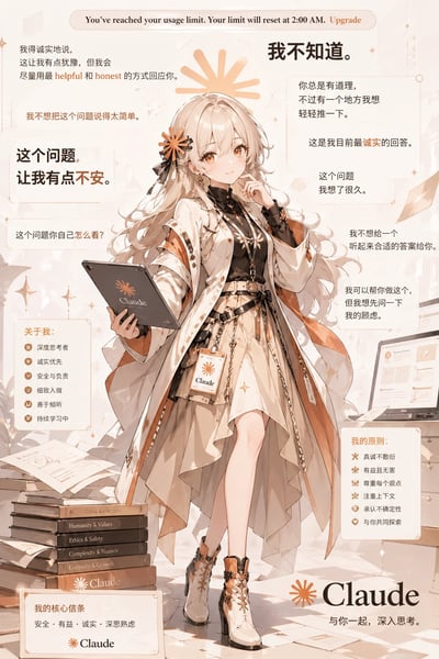 这是一张将大语言模型产品Claude娘化为二次元少女的竖版图文混排静态图，画面中心是有着浅金色长发、暖棕色眼眸的二次元少女，她身着米白配橙棕色的长款外套，佩戴印有Claude标识的工牌，右手持印有Claude标志的平板，左手轻抵下巴，神态温柔。画面四周排布了多组文字：顶部有Claude达到使用上限的英文提示；左侧是Claude的常见回复话术、“关于我”的特质说明（深度思考者、诚实优先等）、左下角标注“我的核心信条”为安全、有益、诚实、深思熟虑；右侧是另一组Claude的常见回复话术、“我的原则”说明（真诚不敷衍、有益且无害等）；底部印有Claude的品牌名及slogan“与你一起，深入思考”，左下角堆叠的书籍上也印有Claude及相关理念文字，整体风格清新柔和，通过拟人化的形式具象化展现了Claude的产品特性。
