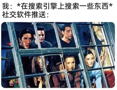 这是一张用来调侃大数据推送的梗图，采用图文混排的形式。上方文字分为两部分，第一部分是“我：*在搜索引擎上搜索一些东西*”，模拟用户的行为；第二部分是“社交软件推送：”，下方搭配美剧《老友记》中六位主角凑在窗户边、集体向外围观的经典截图，用这个画面来比喻用户刚在搜索引擎完成搜索后，社交软件就像这群围观的人一样，立刻精准推送相关内容，生动又幽默地吐槽了大数据时代，用户的搜索行为被快速抓取、推送精准到让人感觉隐私被“围观”的尴尬与无奈，引发网友对大数据无孔不入的共鸣。