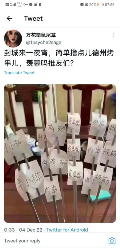 这张梗图展现了封控期间，网友为了满足吃夜宵烤串的愿望，用纸条写上各种德州烤串的名字并扎在筷子上，模拟出“烤串拼盘”的场景。文字内容中还带有一丝自嘲，表示在封控隔离的情况下只能“简单撸点儿”纸上烤串，调侃生活艰难但还要自娱自乐的心态。整体氛围幽默中带有一丝无奈，是疫情居家期间流行的DIY自嘲梗图。

值得注意的是，这里虽没有谐音梗，但有明显的自我调侃、无奈求乐的暗示和二次创作性质。