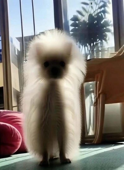 这是一张室内抓拍的趣味宠物照片：一只白色博美犬站在窗边的阳光下，正面的光线和它蓬松柔软的白色毛发形成了奇妙的视觉错位，让它看起来像是身体被拉长的“长条狗”，只有头部的眼睛鼻子和两只前爪清晰可见，呆萌又搞笑的画面让人忍俊不禁。
注：画面无谐音梗或双关，仅为光影造成的视觉错觉效果。