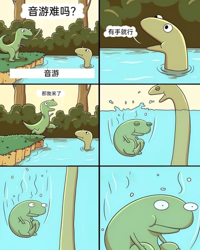 这是一张四格漫画梗图，通过两只恐龙的互动调侃音游难度认知误区。岸上的绿色小恐龙询问水中露出头部的恐龙"音游难吗？"，得到"有手就行"的轻松回答后兴奋跳入水中，却发现对方其实是体型庞大的长颈恐龙，暗示音游看似简单实则深藏难度。

图中利用视觉错位制造笑点：起初只露出头部的恐龙让小恐龙误以为对方体型相近，跳入水后才揭示其巨大身躯，完美对应了"新手觉得简单，上手后才发现难度"的音游玩家普遍体验。