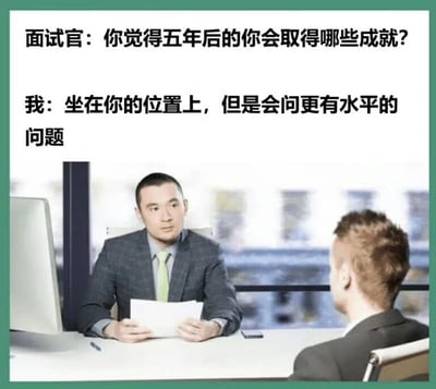 图片展示了一个面试场景，一位穿着西装的面试官坐在办公桌后，手持文件，对面是一位求职者。图片上方配有文字对话，面试官问："你觉得五年后的你会取得哪些成就?"，求职者回答："坐在你的位置上，但是会问更有水平的问题"。这个回答充满了幽默和自信，用夸张的方式表达了求职者的野心和对面试官问题的调侃。