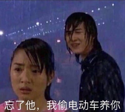 夜晚雨中场景，一男一女浑身湿透，男性面带微笑，女性表情悲伤。图片底部配有文字“忘了他，我偷电动车养你”，通过将违法行为包装成荒诞承诺的方式形成幽默效果，体现网民面对经济压力时的自嘲精神和创造力。