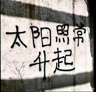 这是一张原始拍摄的静态图片，画面主体是一面带有裂纹的老旧墙面，墙面上用黑色喷漆创作了“太阳照常升起”的涂鸦文字，文字分为两行排列，“太阳照常”在上，“升起”在下。墙面被深色阴影横向分割，左下角露出一小枝干枯的树枝，右下角带有“@吊图吧”的水印。整体画面风格质朴，传递出一种无论经历何种境遇，生活都会继续向前的治愈、励志情绪。