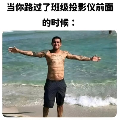 这是一张引发校园群体共鸣的搞笑梗图，图片上方配有文字“当你路过了班级投影仪前面的时候：”，下方是一张经过P图改编的海滩照片：一名男子站在海边沙滩上，双臂向身体两侧张开，面带笑容，他的上半身被修改成带有横线和文字的投影文档样式，模拟出当人路过班级投影仪前方时，身体被投影内容“覆盖印上”的效果，用夸张的视觉化方式调侃学生时代路过投影仪时，身体挡住投影又会被投影内容打在身上的有趣日常，充满校园生活的趣味感。