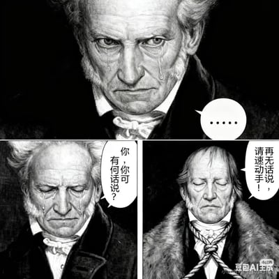 一张基于2025年爆火网络梗'苦命鸳鸯'的AI生成连环图，共三格黑白肖像。上格为老人含泪特写，配'....'；中格老人闭眼质问'你，你可有何话说？'；右格老人被绳捆绑，决绝道'再无话说，请速速动手！'。整体模仿原作悲情氛围，属于该梗典型的换头二创形式。