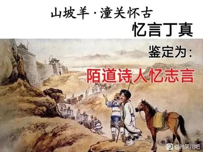 这是一张经过二次创作的P图改编文字加注静态图，原图为描绘古代潼关行军场景的古风插画，画面中前景处的人物脸部被替换为网红丁真的脸，该人物抬手站立，身旁配有一匹棕色马匹，背景是潼关的古城墙与行军队伍。图片上方依次标注文字“山坡羊·潼关怀古”“忆言丁真”，右侧标注“鉴定为：”，下方用红色醒目字体标注“陌道诗人忆志言”，整体运用谐音梗，将经典元曲《山坡羊·潼关怀古》的名称与丁真的名字进行谐音改编，制造出趣味化的网络恶搞内容，属于网友对经典文学内容和公众人物形象的创意结合创作。