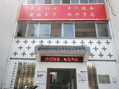 这是一张村级行政办公场所的实拍照片，主体是罗马村村委会的两层建筑。建筑上层外墙顶端设有红底金字的标语牌，内容为“不忘初心 牢记使命 团结实干 振兴罗马”；下层入口上方的电子显示屏滚动显示“文明健康 有我有你”的宣传语。入口两侧墙面悬挂着多块白底黑字的职能牌匾，涵盖罗马村村民委员会、罗马村综合服务中心、罗马村退役军人服务站、罗马村村民合作社、那楼镇罗马村政务服务中心、罗马村总支部委员会、罗马村村务监督委员会等多个村级机构，明确了这里的多元服务职能。入口门内可见有人员在室内活动，建筑外墙装饰着规律排列的灰色十字图案，整体呈现出规范、正式的基层政务服务场所风貌。