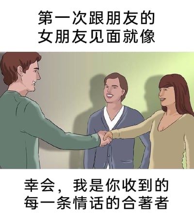 这是一张顶配底文式的静态单图梗图，整体由上下文字和中间的卡通插画构成。上方文字点明场景“第一次跟朋友的女朋友见面就像”，中间的卡通插画描绘了三个角色：左侧的男子面带笑容，正伸出手和右侧的女子握手；两人中间站着男子的朋友，他同样笑容满面，注视着两人的互动；右侧的女子也带着笑意，伸手回应握手。下方的配文是男子的调侃之语“幸会，我是你收到的每一条情话的合著者”，这个梗用幽默的方式自嘲，调侃男生在朋友追求女友的过程中，常常会帮忙出谋划策、撰写情话，所以在第一次见到朋友的女友时，仿佛自己是那些浪漫情话的共同创作者，精准戳中了男性朋友间互相“助攻”的趣味社交场景，充满了生活化的笑点。