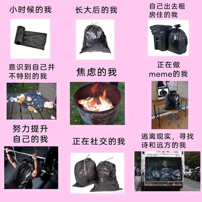 这是一张九宫格形式的自嘲类梗图，通过不同形态的黑色垃圾袋来具象化人生不同阶段与状态下的自己，精准戳中当代年轻人的生活感悟：
1. 小时候的我：对应一卷未展开的黑色垃圾袋，象征着人生初始、空白且充满未知的阶段；
2. 长大后的我：对应一个装满的黑色垃圾袋，代表成长后积累了生活的负担与琐碎；
3. 自己出去租房住的我：对应垃圾桶旁的装满垃圾袋，体现独居生活中处理日常琐碎的状态；
4. 意识到自己并不特别的我：对应被弄散、垃圾散落一地的垃圾袋，表现认清自身平凡后内心的失落与凌乱；
5. 焦虑的我：对应在铁桶中被焚烧的垃圾袋，比喻焦虑时内心的煎熬与自我消耗；
6. 正在做meme的我：对应放在电脑前椅子上的垃圾袋，指代创作者以垃圾袋为主题制作梗图的状态；
7. 努力提升自己的我：对应套着垃圾袋举杠铃的形象，象征带着自身的“包袱”仍在努力进步；
8. 正在社交的我：对应两个系在一起的垃圾袋，既象征社交时与他人的联结，也暗喻对社交的自嘲心态；
9. 逃离现实，寻找诗和远方的我：对应被垃圾车运走的垃圾袋，代表想要摆脱当下生活、逃离现有状态的心态。