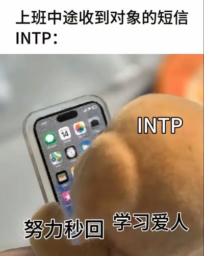 这是一张MBTI相关的调侃梗图，属于图文混排形式，顶部标注场景为上班中途收到对象的短信，主角为MBTI人格分类中的INTP，下方画面是一只标注了“INTP”的棕色毛绒手正对着手机操作，底部配文“努力秒回 学习爱人”，整体调侃了大众认知里偏理性、不擅长情感社交的INTP人格人群，在恋爱中需要刻意提醒自己回应伴侣、学习经营亲密关系的状态。