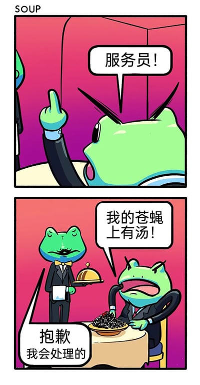 这是一幅两格的搞笑卡通漫画，左上角标注英文“SOUP”。第一格中，身着正装的青蛙顾客举起手，食指指向上方，大声呼喊“服务员！”；第二格场景切换，青蛙服务员端着带餐盖的托盘来到桌前，青蛙顾客看着面前满满一盘的苍蝇，反常规地抱怨“我的苍蝇上有汤！”，将常见的“汤里有苍蝇”的投诉场景完全反转，把苍蝇作为主餐、汤当作不该出现的杂质，制造出荒诞的喜剧效果，服务员则礼貌回应会处理。