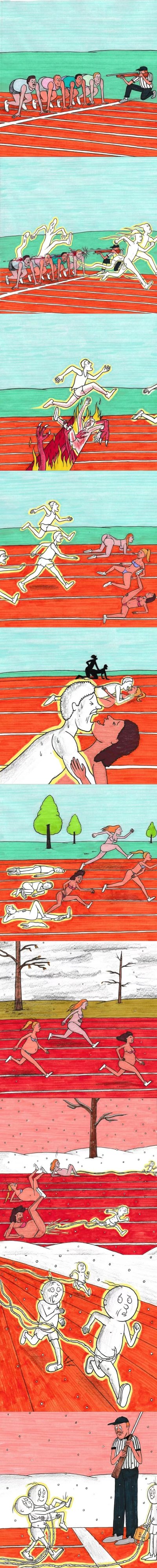 这是一幅垂直排列的连环漫画，由多个水平面板组成，每个面板都展示了人们在红色跑道上奔跑的场景。画面从顶部到底部呈现出不同的情境变化：最上方有持武器的人，中间部分有奔跑的人群、火焰背景、接吻的情侣，下方则展示了四季变化（有树叶的树、光秃秃的树、雪景），以及不同形态的奔跑者，最底部有穿制服的人和抽象的白色人形。整幅作品通过红色跑道这一贯穿始终的元素，象征着人生的旅程和不断前进的主题。