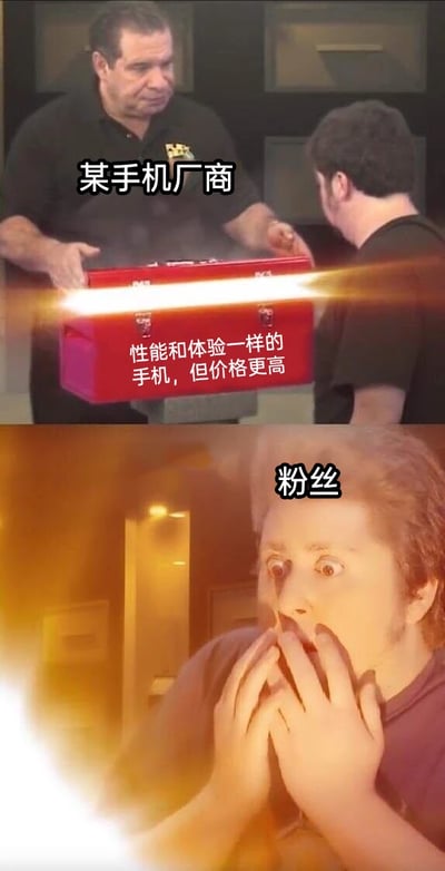 这是一张上下拼接的二次创作梗图，上半部分展示了标注为“某手机厂商”的男子，他面无表情地手持一个散发强光的红色箱子，箱子旁的文字写着“性能和体验一样的手机，但价格更高”，呈现出厂商推出高价但无体验优势产品的场景；下半部分是标注为“粉丝”的人，他双手紧紧捂住嘴巴，眼睛瞪大，露出极度震惊又惊喜的夸张表情，身体被箱子的光芒笼罩。整张图通过强烈的行为反差，讽刺了部分品牌粉丝对品牌的盲目追捧心态——即使产品在性能和体验上与竞品无差异、价格更高，这类粉丝依然会表现出狂热的追捧反应。