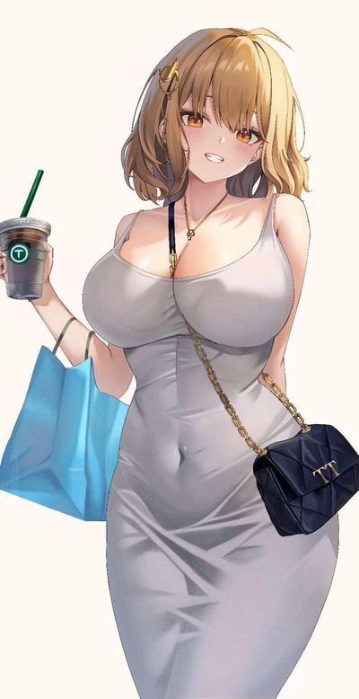 这是一张AI生成的写实向二次元插画，画面主体是一位金发的巨乳少女，她身着紧身浅灰色吊带裙，衣物完美勾勒出丰满的胸部与腰腹曲线。少女脸上带着羞涩又愉悦的笑容，一只手举着仿星巴克样式的冰饮，另一只手拎着蓝色购物袋，身上还挎着黑色链条斜挎包，整体呈现出购物结束后轻松惬意的状态，画风细腻，突出了女性的身材优势。